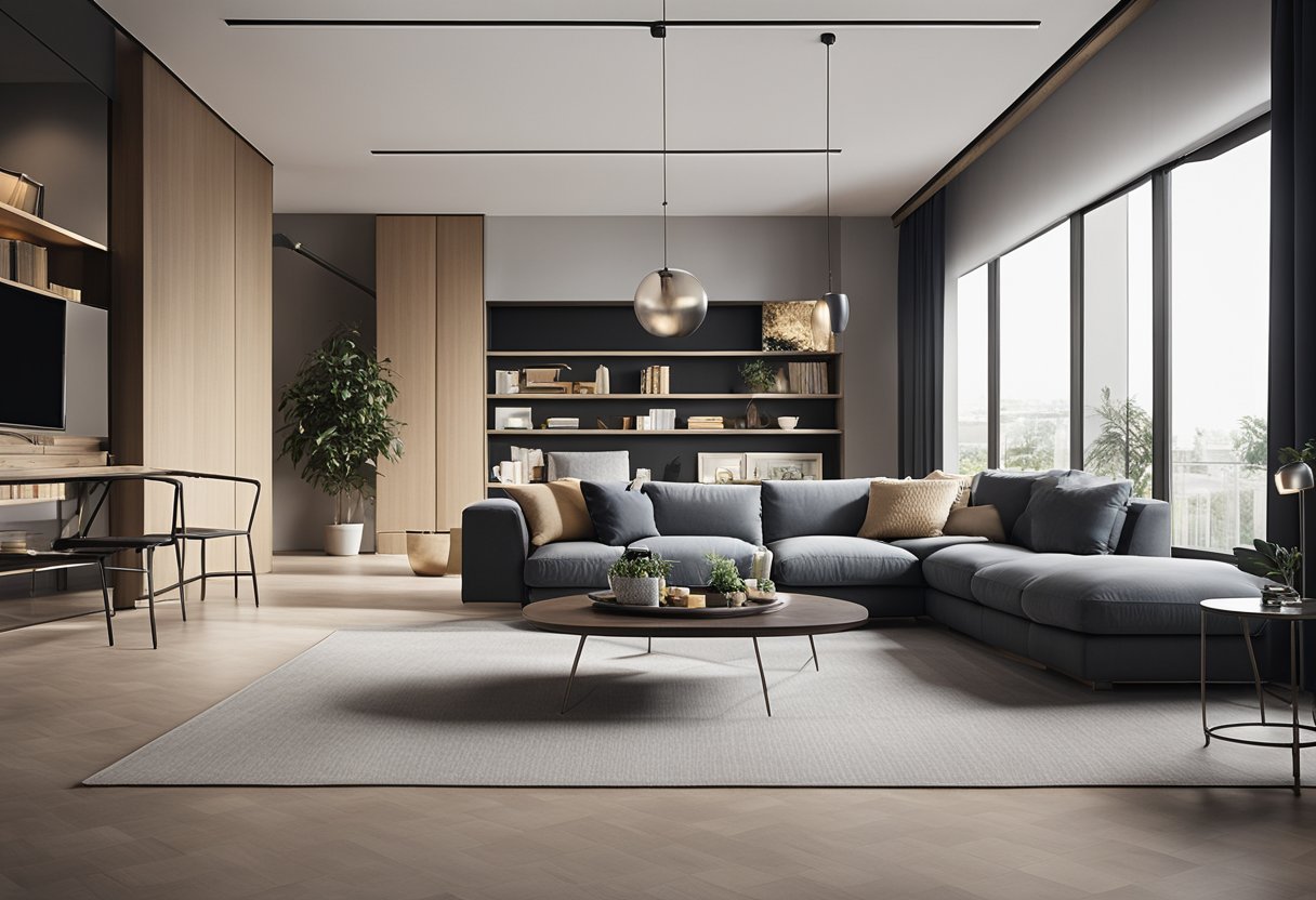 A modern, spacious interior with sleek furniture and natural lighting. A mix of textures and materials creates a sophisticated yet welcoming atmosphere