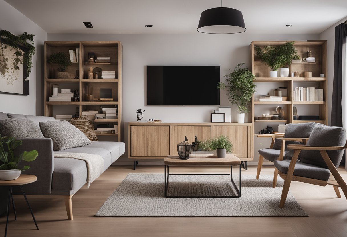 A cozy, budget-friendly interior design with clever space-saving solutions. A mix of modern and rustic elements creates a welcoming atmosphere for all