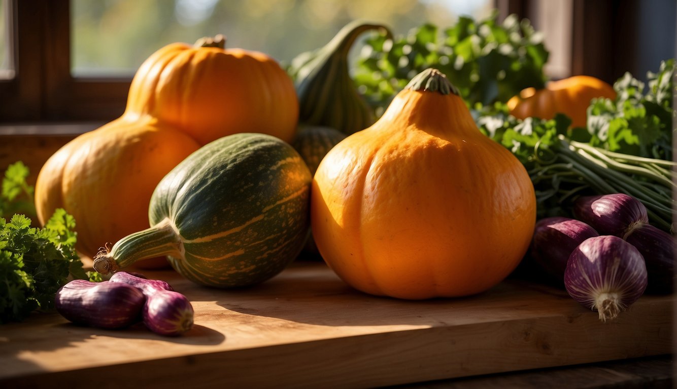 A vibrant butternut squash sits on a wooden cutting board, surrounded by colorful vegetables and herbs. The warm sunlight streams through a nearby window, highlighting the rich orange hues of the squash