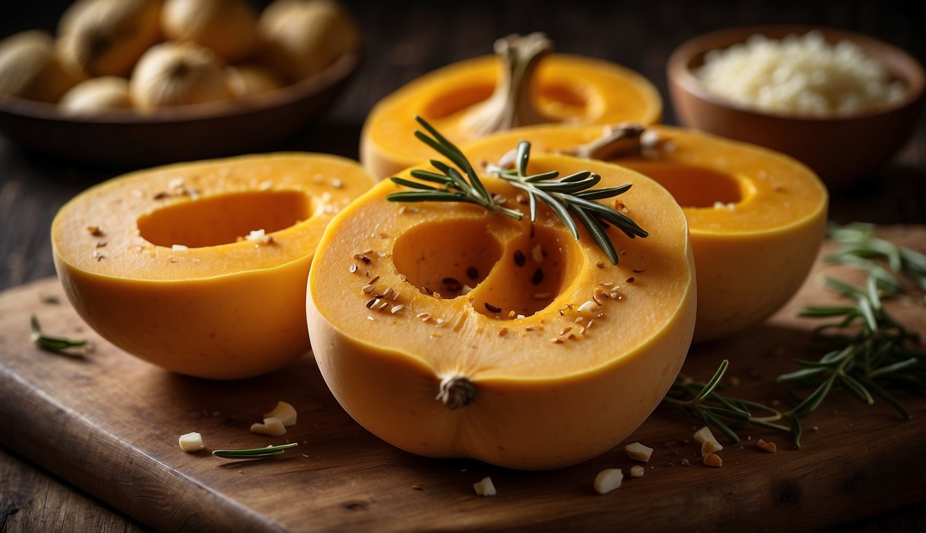 Butternut squash being sliced and roasted with rosemary and garlic in a rustic kitchen setting