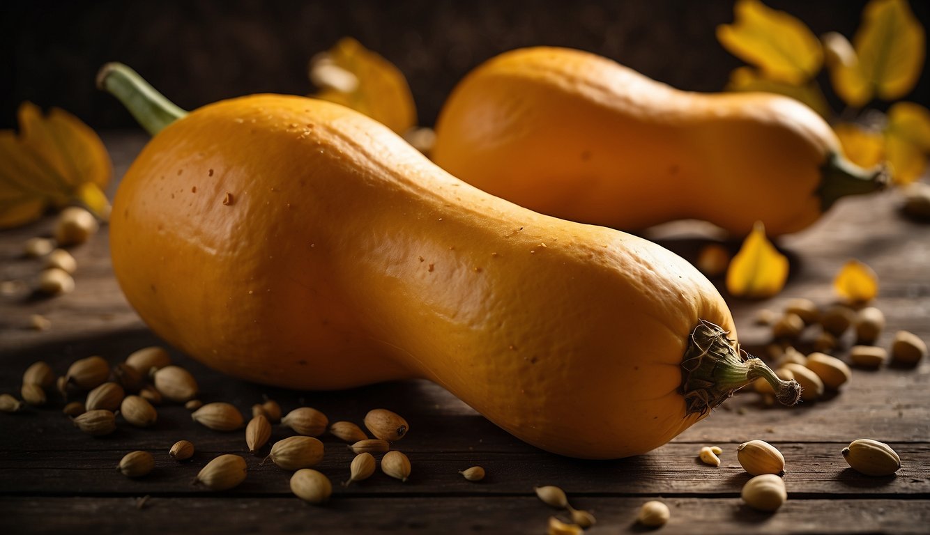 A whole butternut squash sits on a rustic wooden table, surrounded by scattered seeds and a few fallen leaves, evoking a sense of autumn harvest