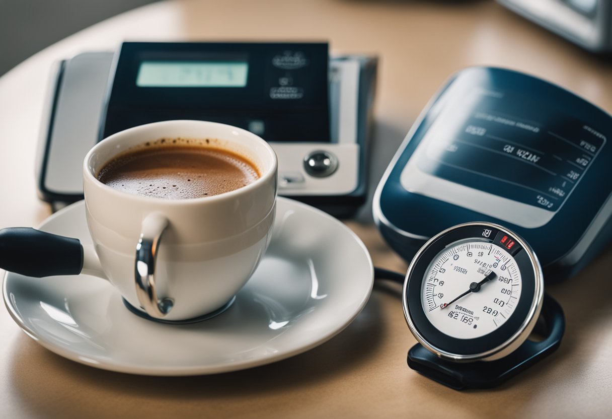 A steaming cup of decaf coffee next to a blood pressure monitor, with a doctor's approval stamp