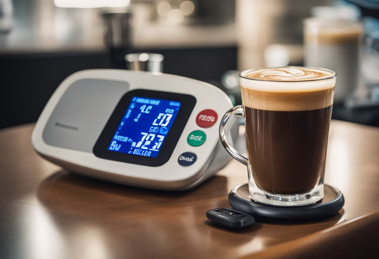A cup of decaf coffee sits next to a blood pressure monitor. The monitor shows a stable reading, suggesting decaf coffee may have a neutral effect on blood pressure