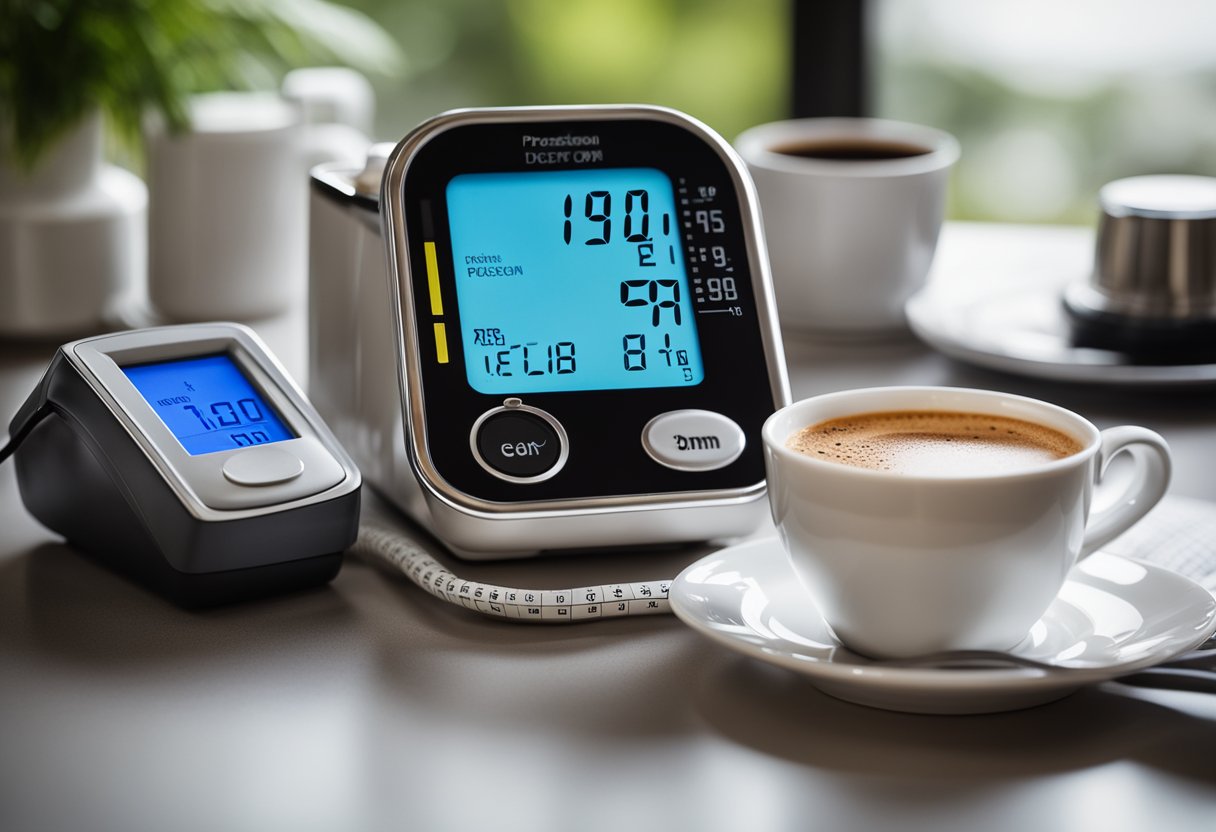 A steaming cup of decaf coffee sits next to a blood pressure monitor, with a doctor's recommendation note beside it