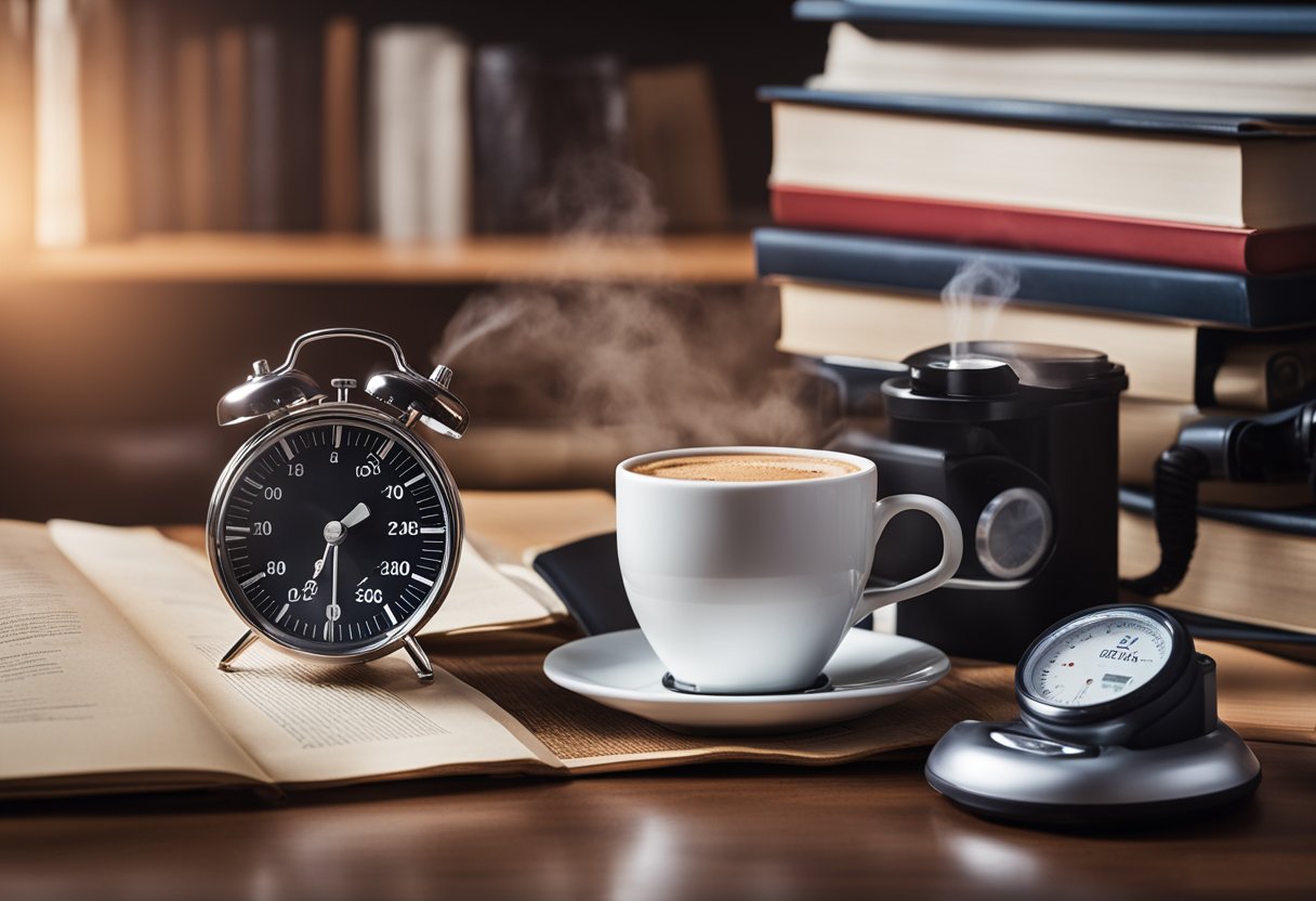 A steaming cup of decaf coffee sits on a table, surrounded by medical literature and a blood pressure monitor