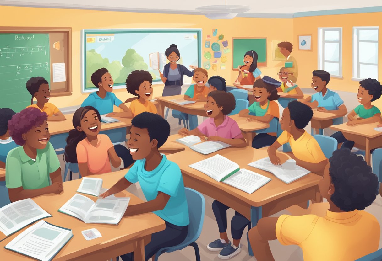 A classroom filled with diverse students laughing and learning new vocabulary in an engaging language game