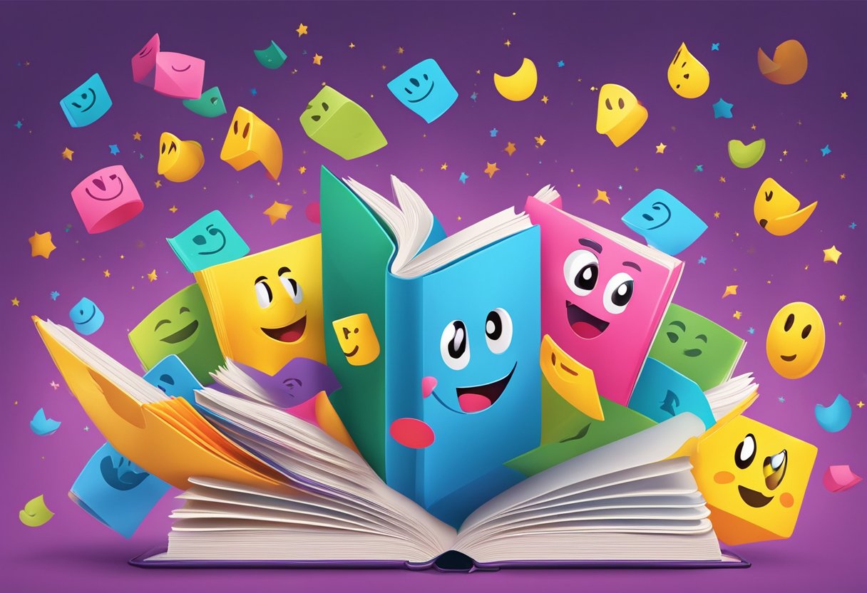 Colorful Mad Libs book cover with flying words and laughing emojis