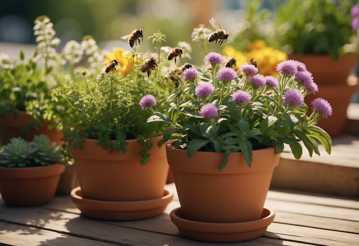 Lush green herbs thrive in pots on a sunlit balcony, surrounded by colorful flowers and buzzing bees