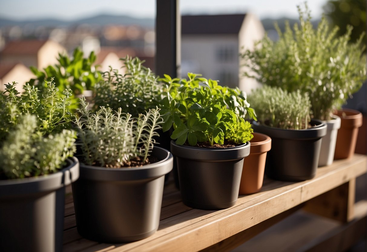 Lined pots of various sizes filled with aromatic herbs sit on a sunny balcony. A small table holds gardening tools and containers for drying and storing the herbs