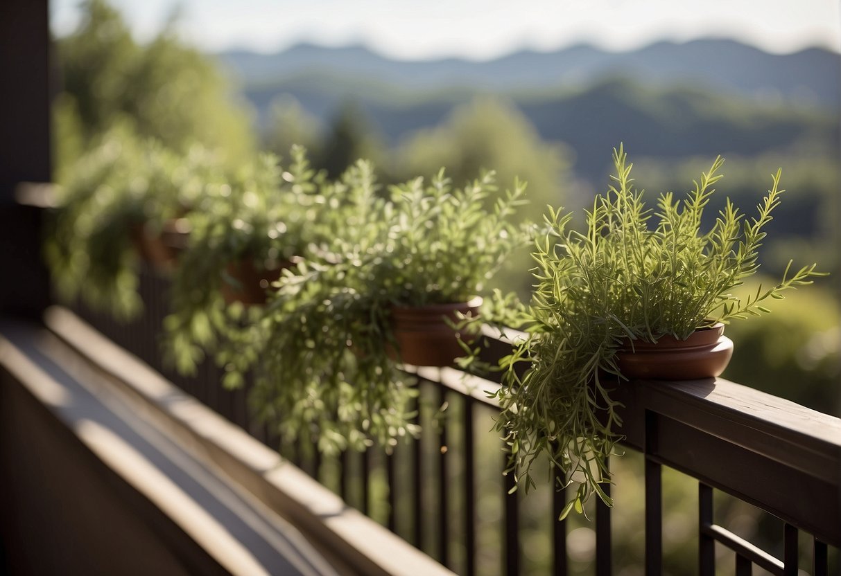 Dried herbs hang from a balcony railing, with small jars of herbs neatly organized on a shelf. The sun shines down, casting shadows on the fragrant greenery