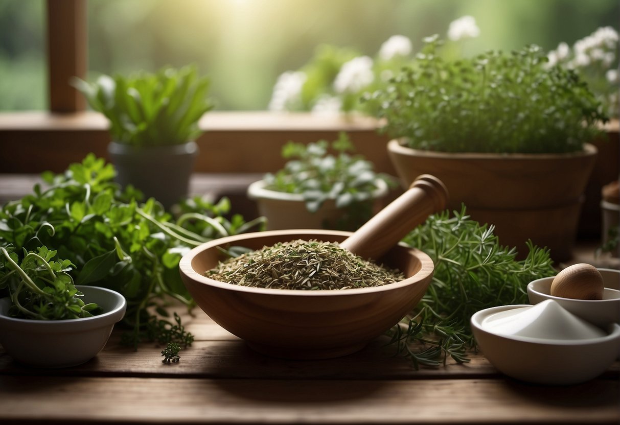 Freshly picked herbs are laid out on a wooden table. A mortar and pestle sit nearby, ready to crush the herbs for cooking or storage. The balcony garden provides a backdrop of lush greenery