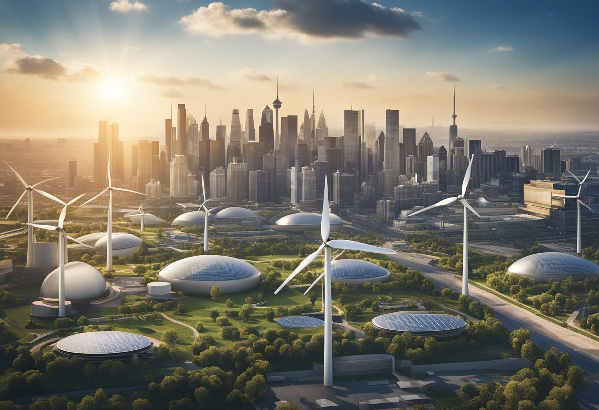 A bustling city skyline with a mix of traditional and renewable energy sources, including solar panels, wind turbines, and power plants, symbolizing the study of global energy markets