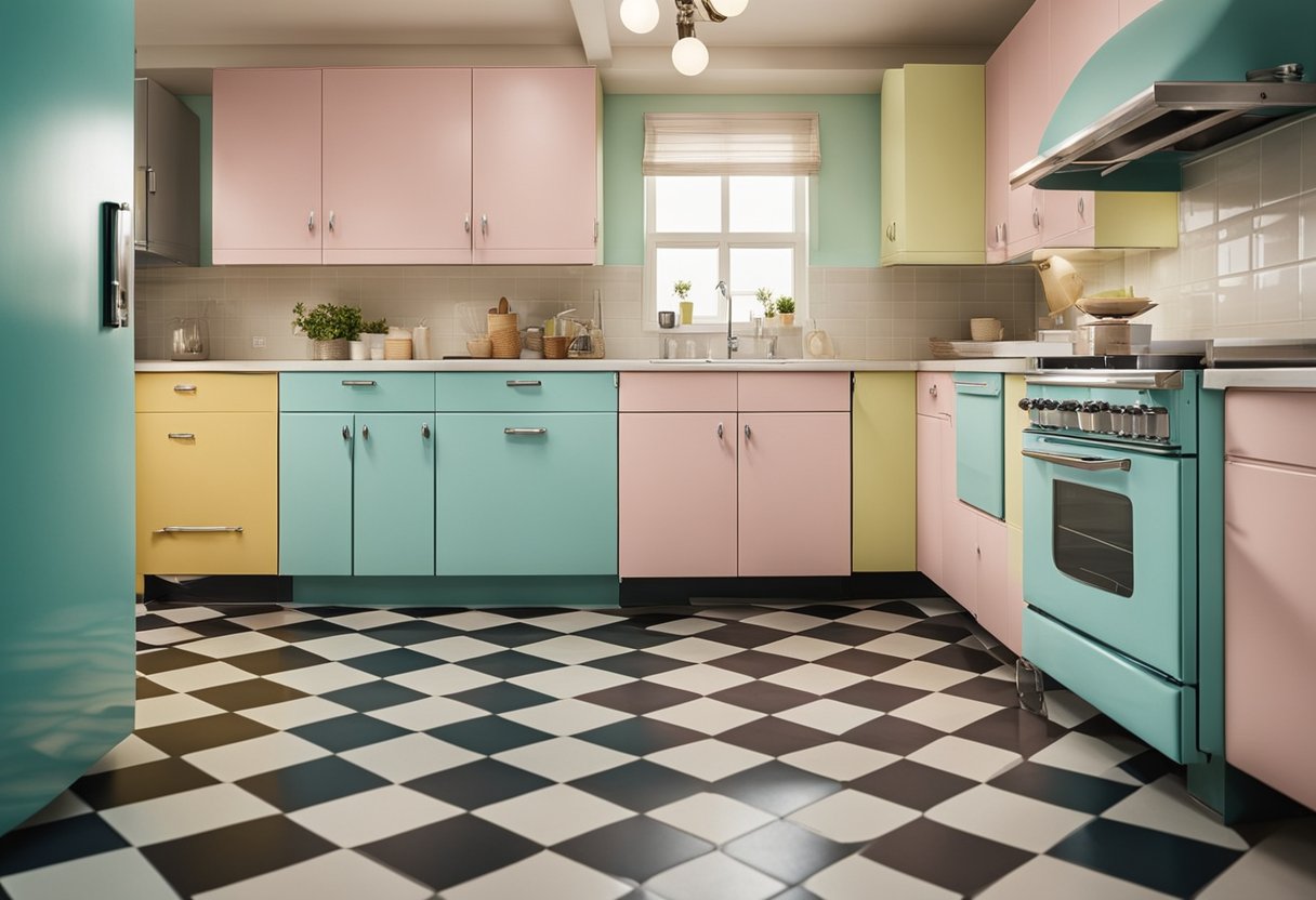 A 1950s kitchen being renovated with new appliances, pastel-colored cabinets, and a checkered linoleum floor
