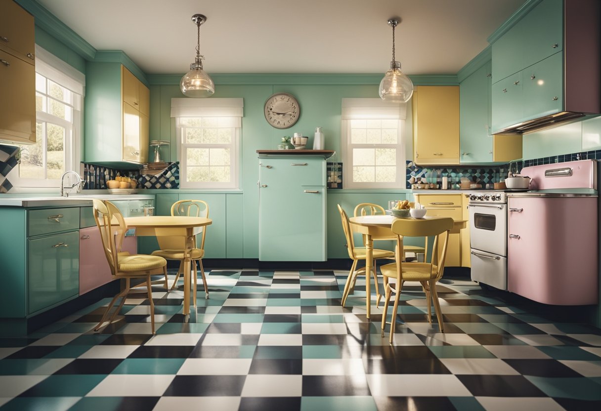A 1950s kitchen with pastel-colored appliances, checkered linoleum flooring, chrome accents, and a cozy breakfast nook with a retro table and chairs