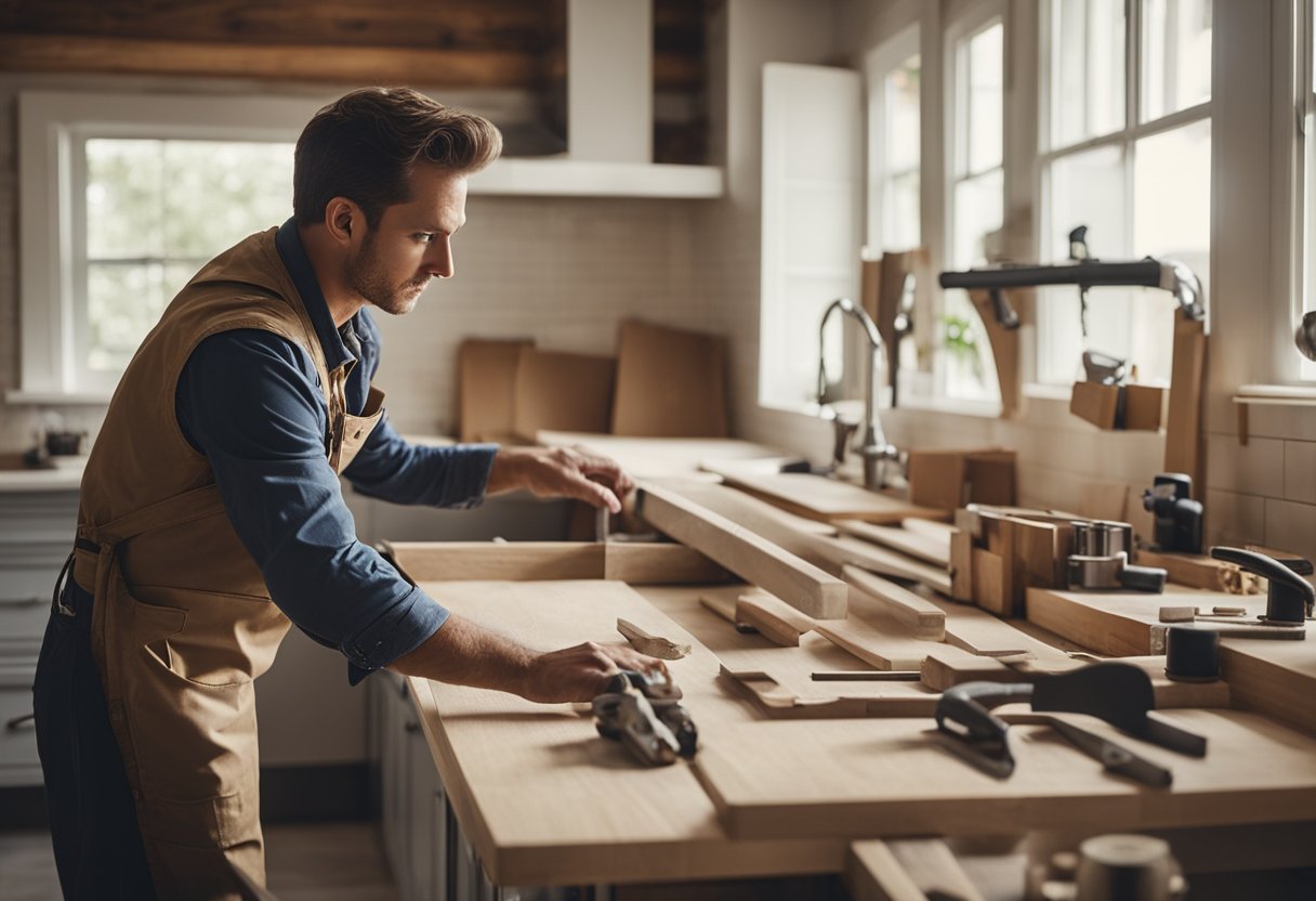 A carpenter is installing new cabinets and countertops in a 1950s kitchen, surrounded by tools and construction materials