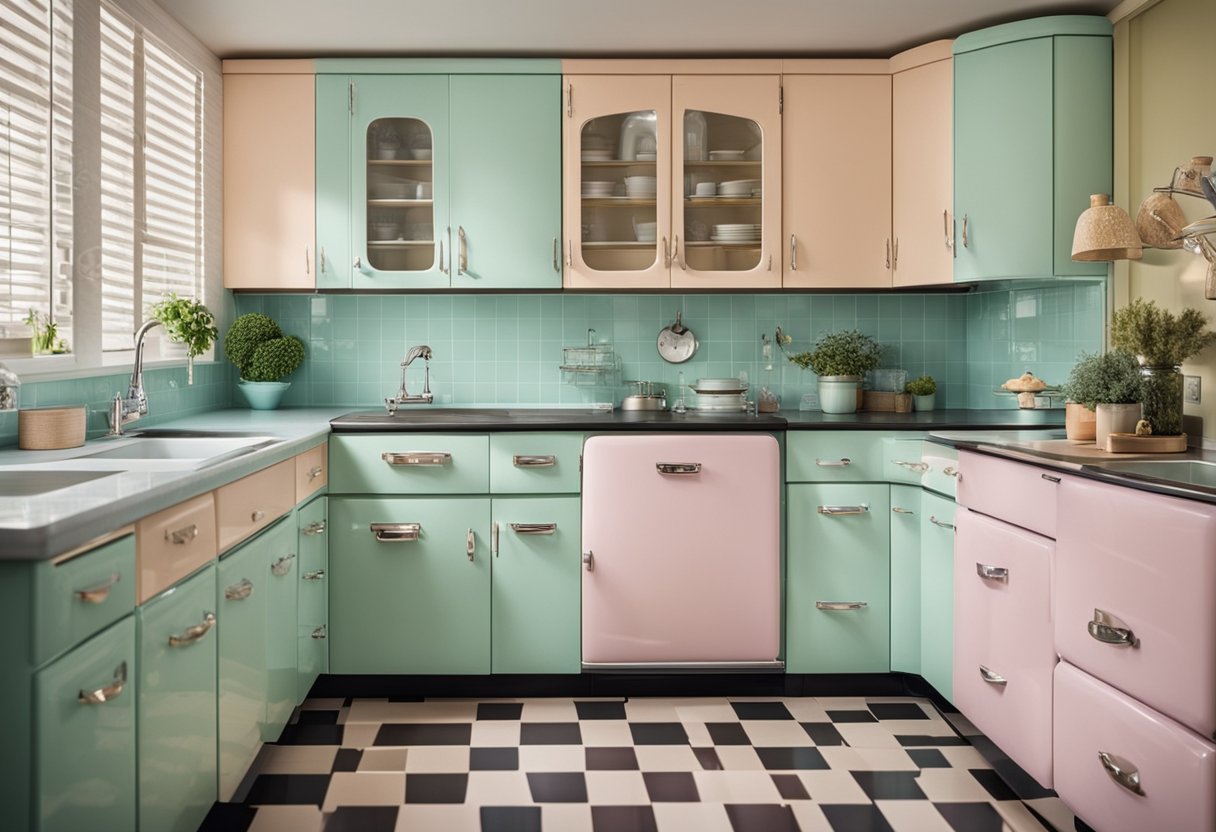 A 1950s kitchen with pastel-colored appliances, checkered flooring, and chrome accents. Cabinets are adorned with vintage hardware