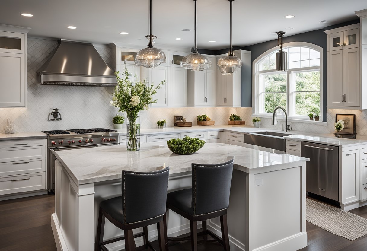 A modern kitchen with sleek cabinets, marble countertops, and stainless steel appliances. A large island with bar seating and pendant lighting above