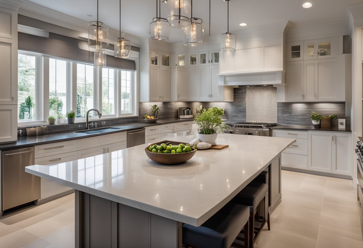 A spacious kitchen with modern appliances, sleek countertops, and ample storage. A large island with seating for entertaining. Bright lighting and a neutral color palette create a welcoming atmosphere