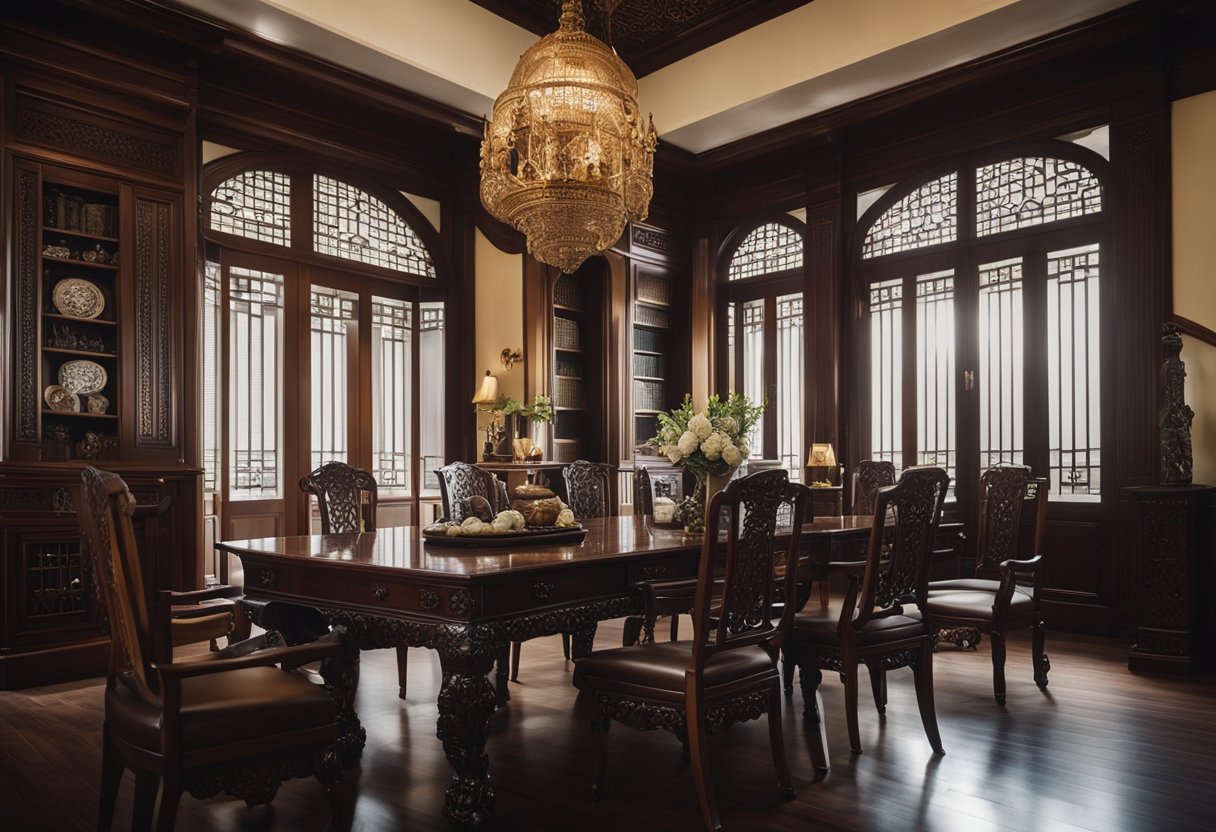A colonial-style room in Singapore, featuring dark wood furniture, ornate carvings, and intricate details, with a mix of traditional and contemporary elements