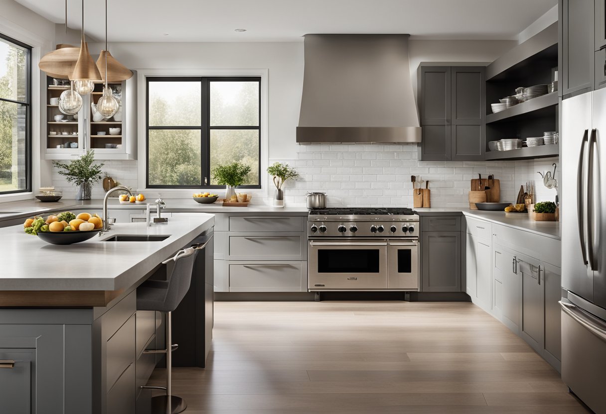 A modern kitchen with sleek lines, minimalist cabinets, and a large island. Neutral color palette with pops of bold accents. Stainless steel appliances and plenty of natural light