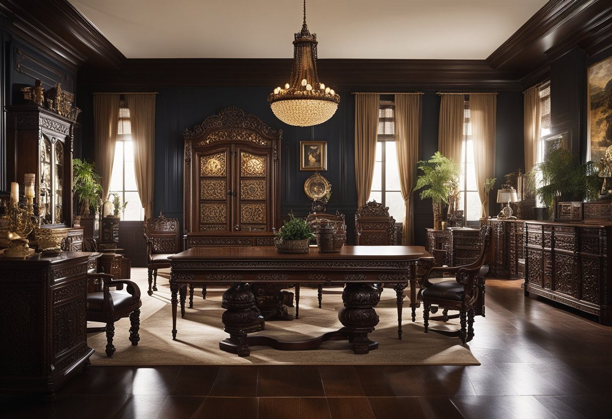 A room filled with colonial style furniture, featuring ornate wood carvings, intricate metalwork, and rich, dark finishes