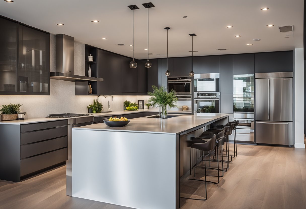 A modern kitchen with sleek cabinets, stainless steel appliances, and a spacious island. Clean lines and minimalistic design create a functional and stylish space