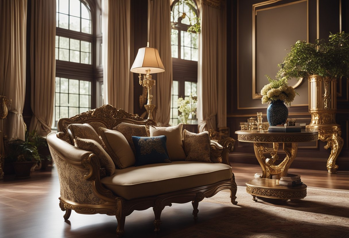 Rich wooden furniture, ornate carvings, and elegant upholstery fill the room. Traditional colonial patterns adorn the textiles, while brass accents add a touch of sophistication