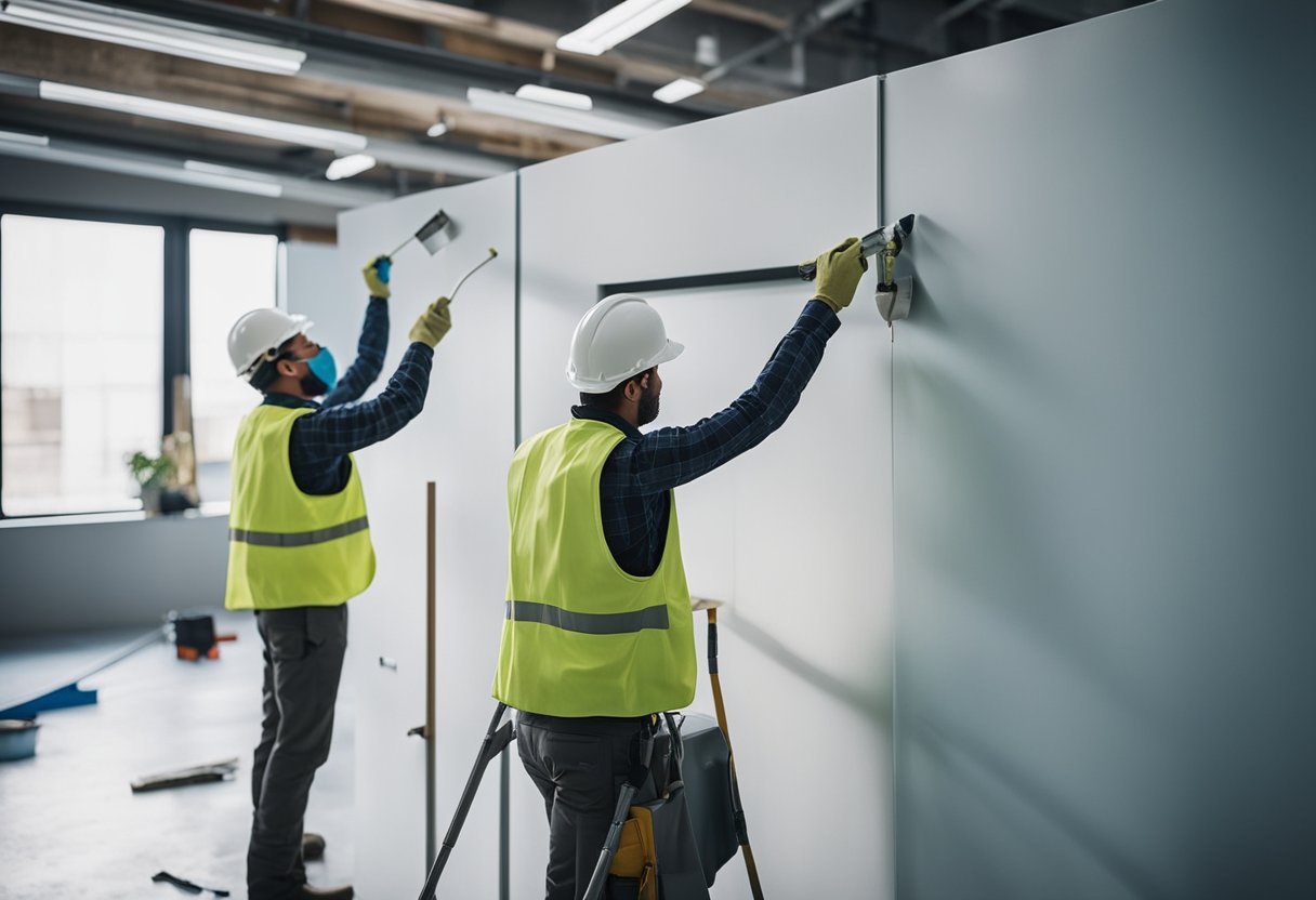 Workers are painting walls and installing new fixtures in a bright, spacious office. Tools and equipment are neatly organized, and the space is filled with the sounds of construction