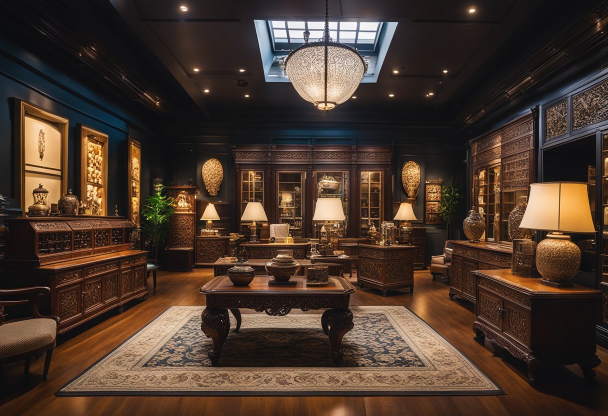A colonial-style furniture showroom in Singapore with various pieces displayed in a well-lit, spacious room. Rich, dark wood and intricate carvings are prominent, creating an elegant and timeless atmosphere