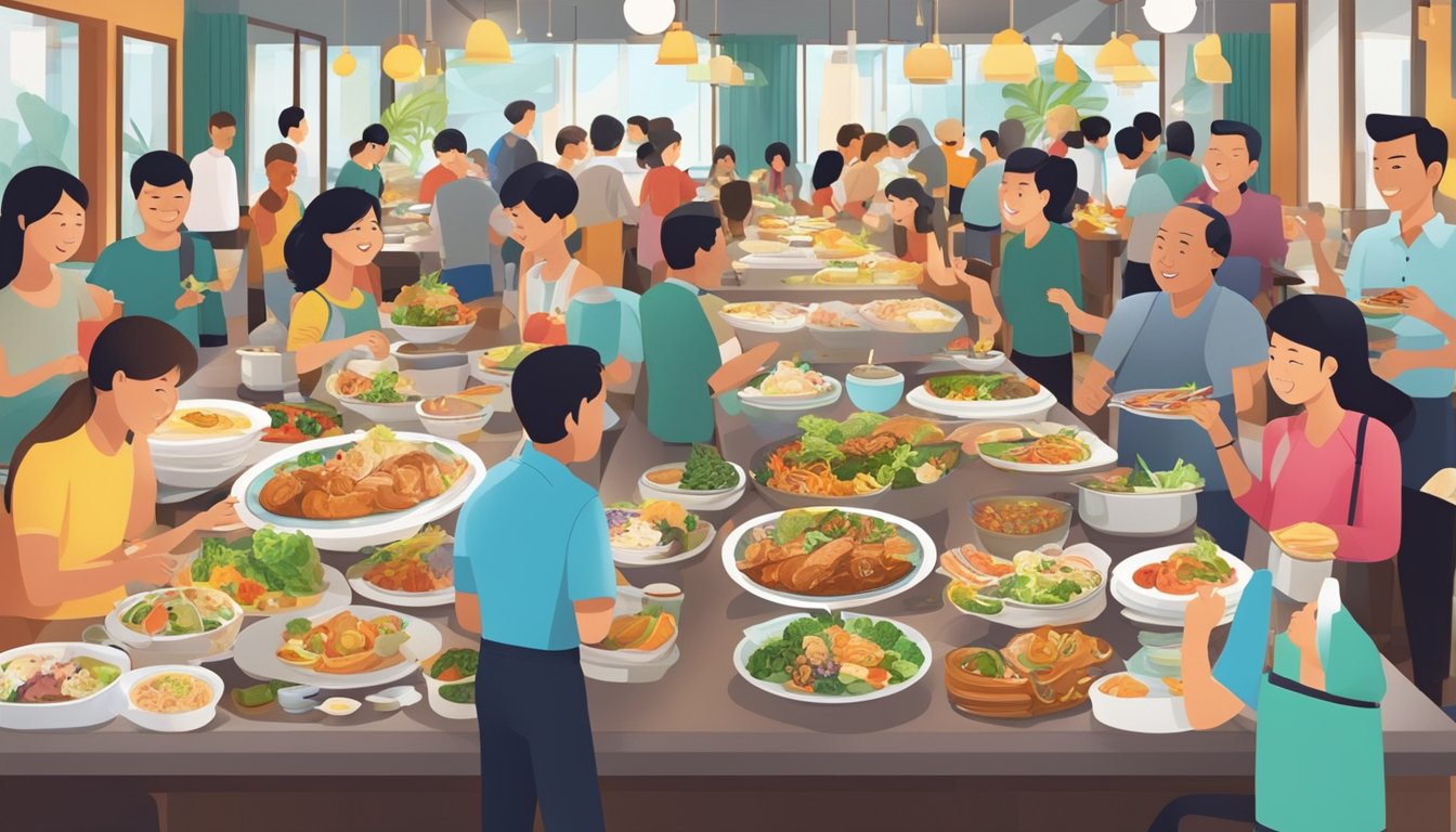 A bustling buffet restaurant in Singapore with a colorful array of dishes and a diverse mix of patrons enjoying their meals
