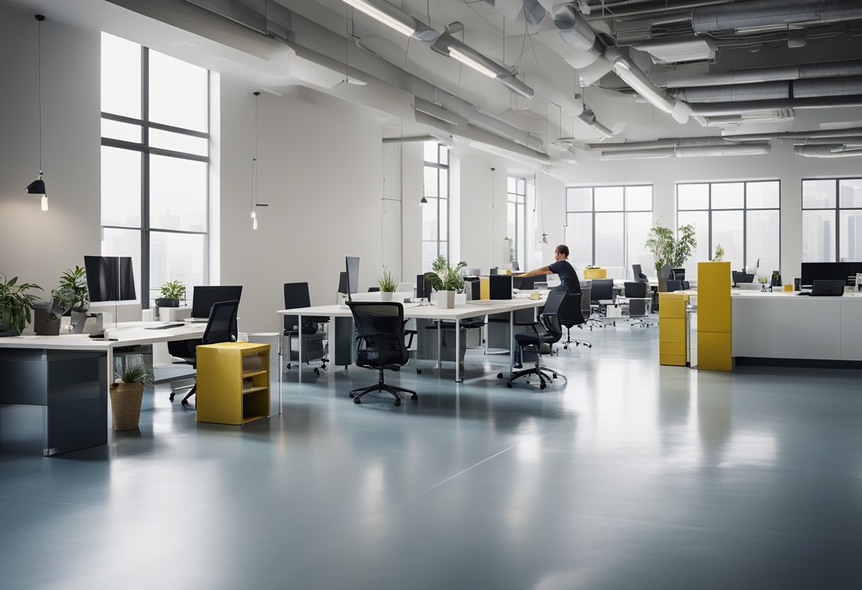 Workers painting walls, laying new flooring, and installing modern fixtures in a bright, open office space