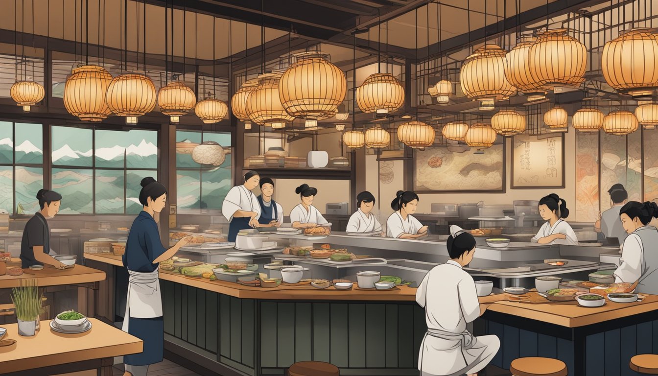 A bustling Japanese restaurant with traditional decor, paper lanterns, and a sushi bar. Customers enjoy steaming bowls of ramen while chefs skillfully prepare sushi behind the counter
