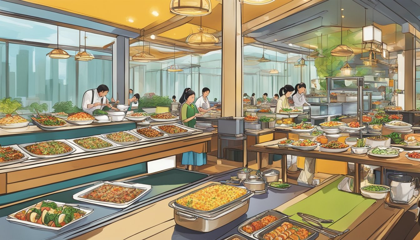 A colorful array of international dishes fills the buffet tables at Diverse Buffet Selections in Singapore. A sushi bar, live cooking stations, and a dessert spread add to the vibrant scene