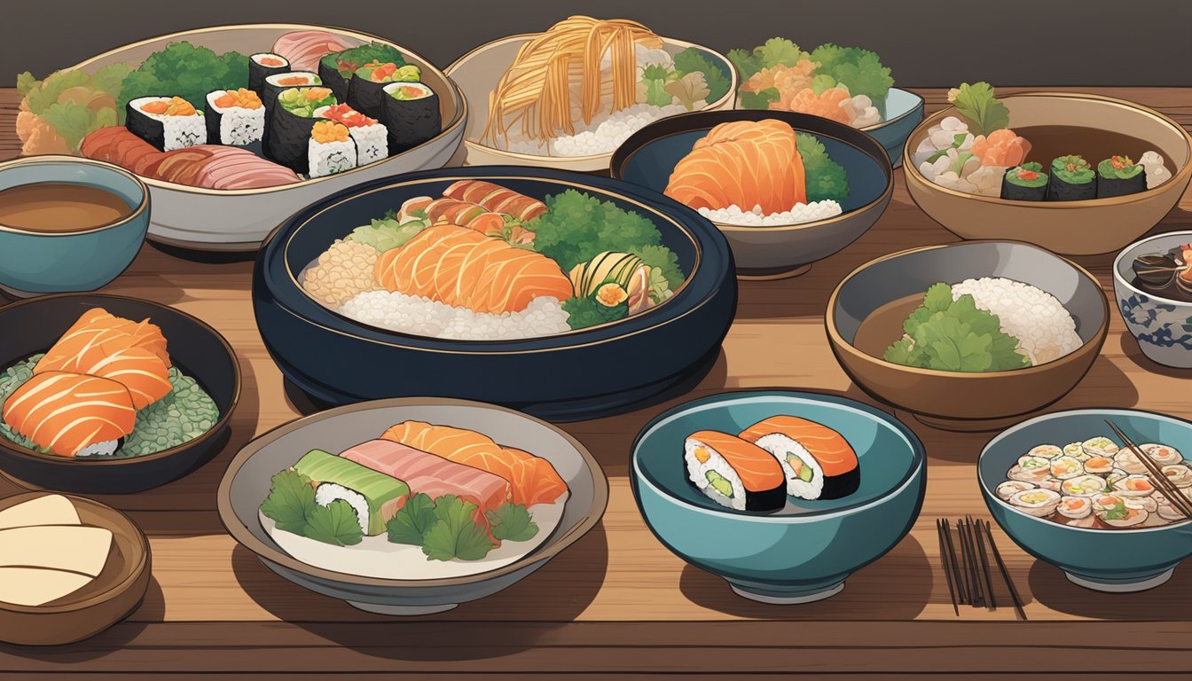 The menu is displayed on a wooden table with traditional Japanese decor in the background. Items like sushi, ramen, and bento boxes are featured prominently
