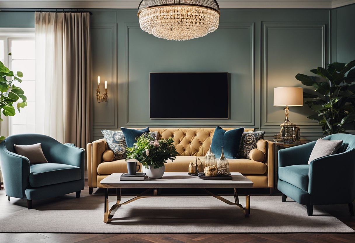 A cozy living room with a plush sofa, elegant armchairs, and a sleek coffee table, all adorned with luxurious upholstery in rich, inviting colors