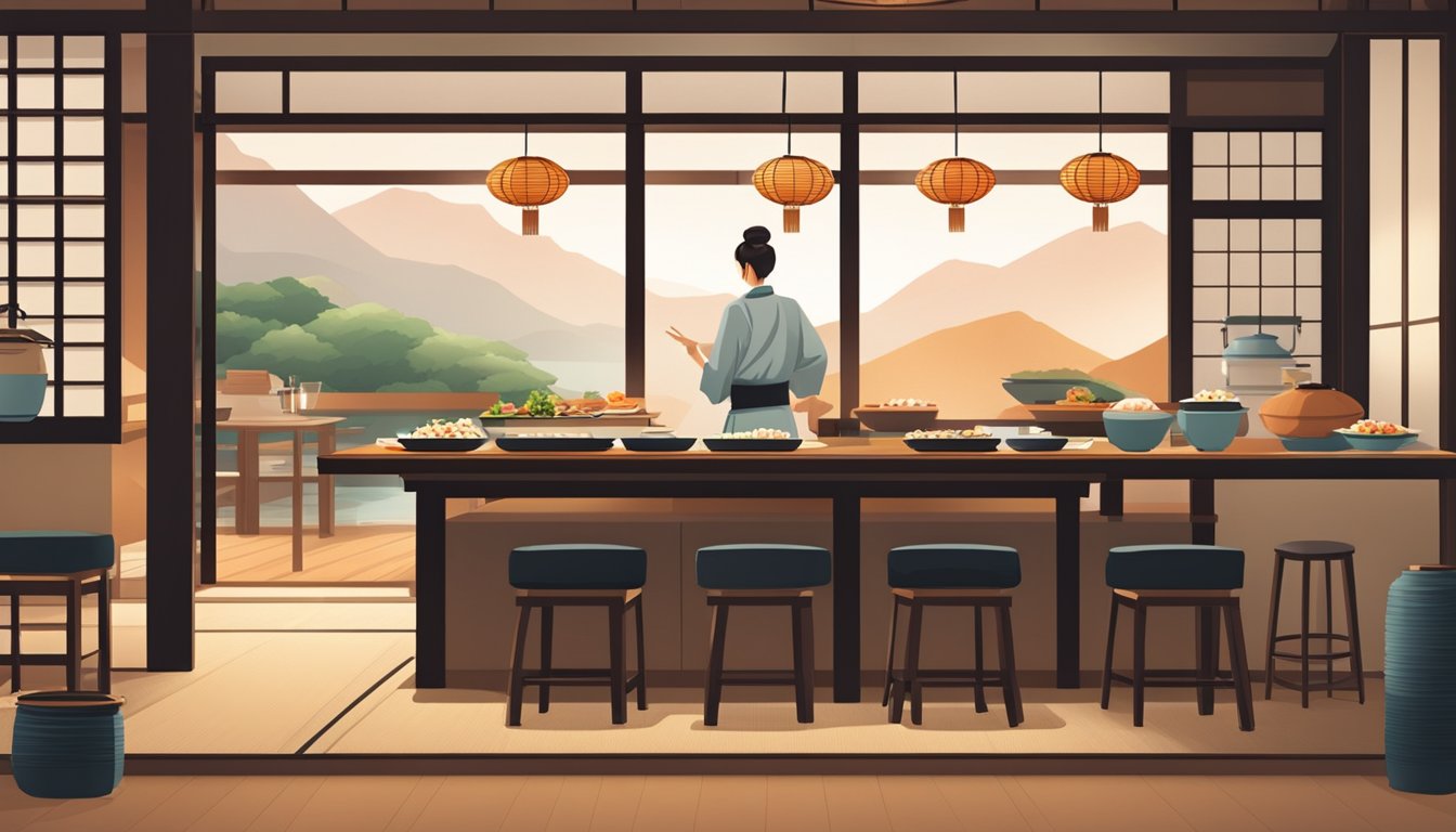 A traditional Japanese dining room with low tables, paper lanterns, and sliding doors. Sushi chefs prepare fresh fish behind a sleek counter