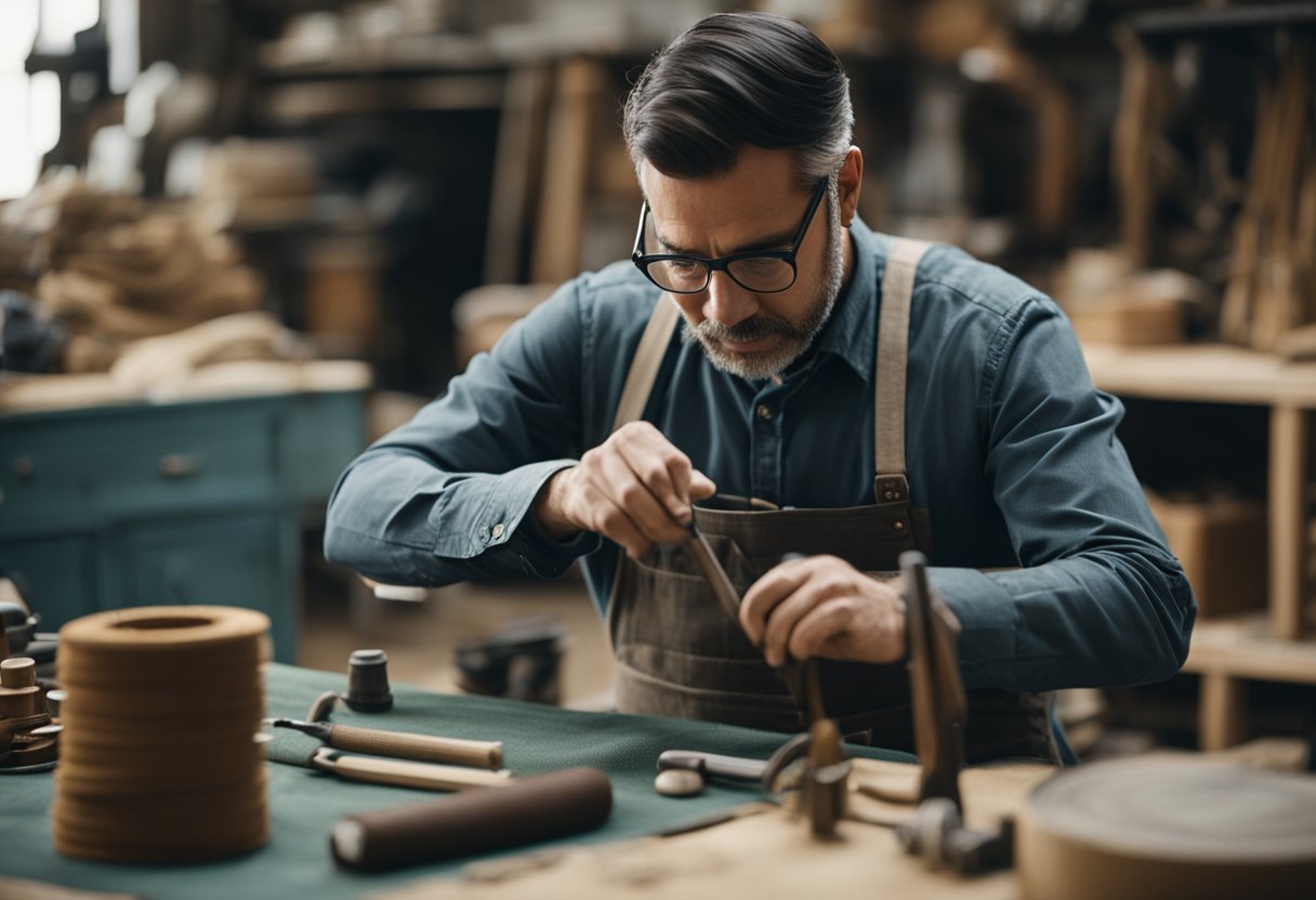 A skilled artisan carefully applies fabric to a vintage armchair, surrounded by neatly organized tools and materials in a bright and spacious workshop