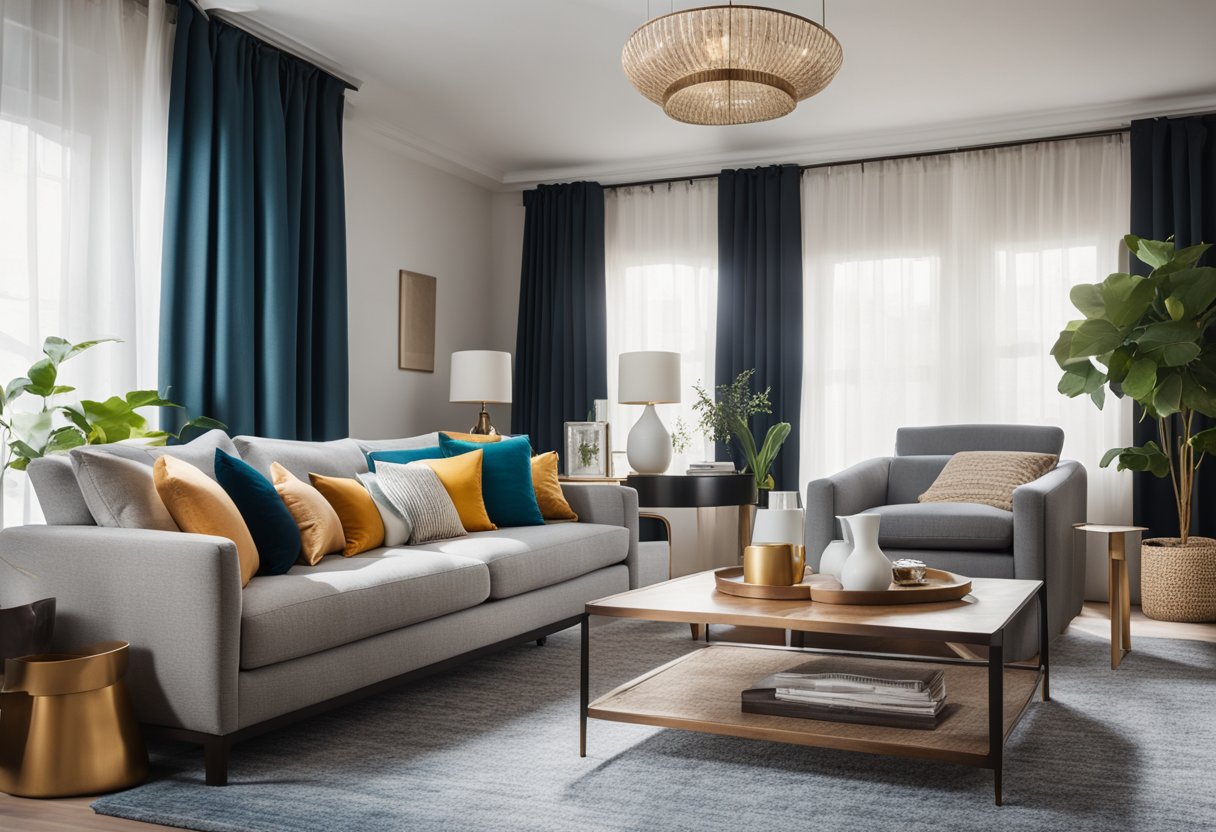 A cozy living room with a plush sofa and armchair, adorned with colorful throw pillows. A sleek coffee table sits in the center, with a soft rug underneath. Elegant curtains frame the windows, allowing natural light to filter in
