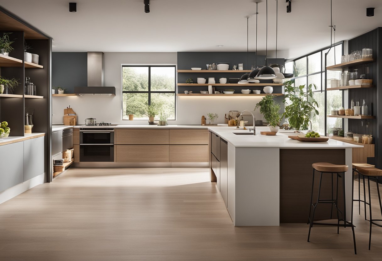 A spacious kitchen with open shelving, large island, and efficient storage solutions. Bright and modern with clean lines and ample counter space