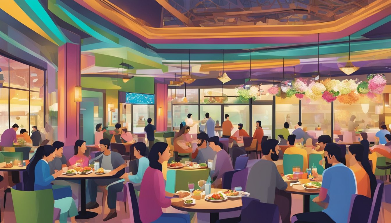 Customers savoring halal dishes at bustling VivoCity restaurants, with colorful decor and aromatic cuisine filling the vibrant space