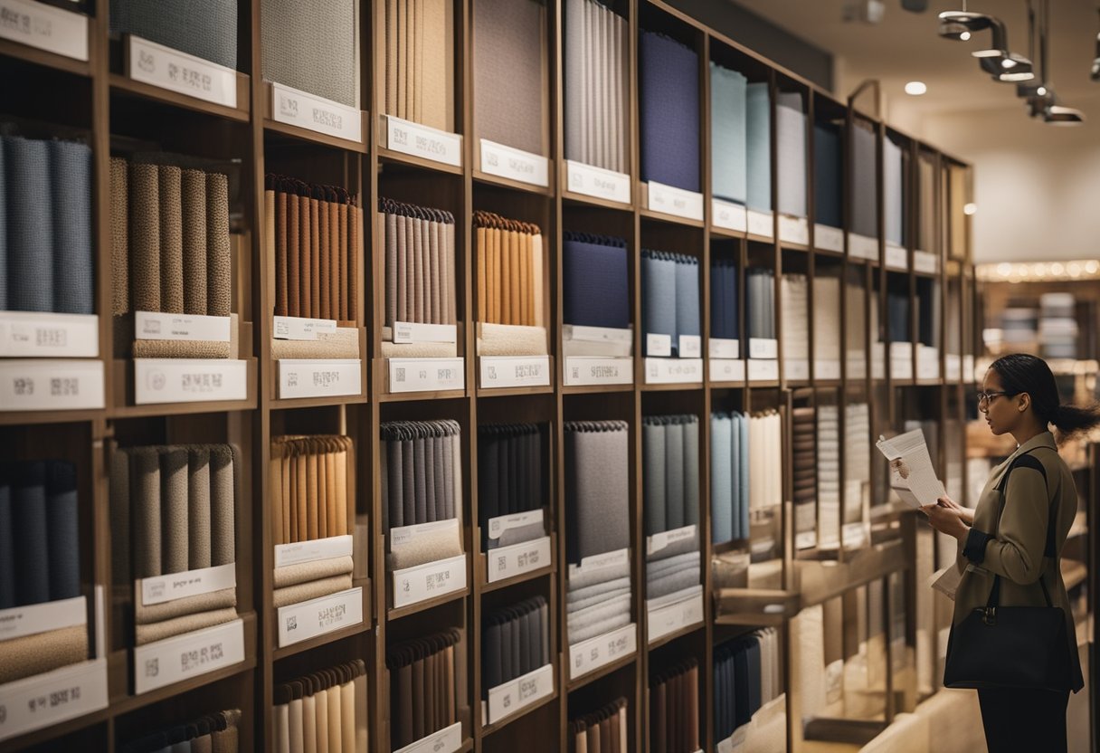A customer browsing through a selection of fabric swatches and upholstery samples at a furniture store in Singapore