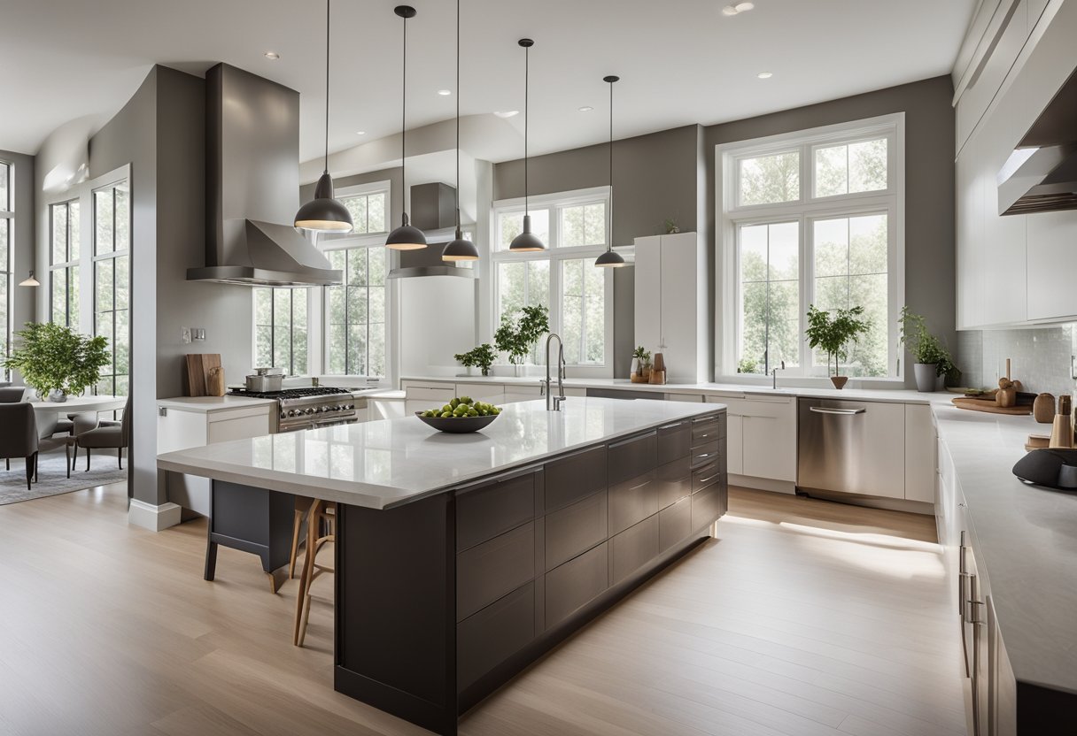 A spacious, open kitchen with sleek countertops and a large island. Natural light floods the room, highlighting the minimalist design and showcasing the absence of upper cabinets