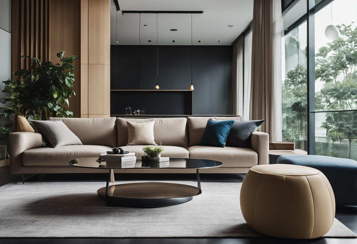 A modern living room with sleek furniture in Singapore. A minimalist sofa, a glass coffee table, and a contemporary rug create a stylish and inviting space