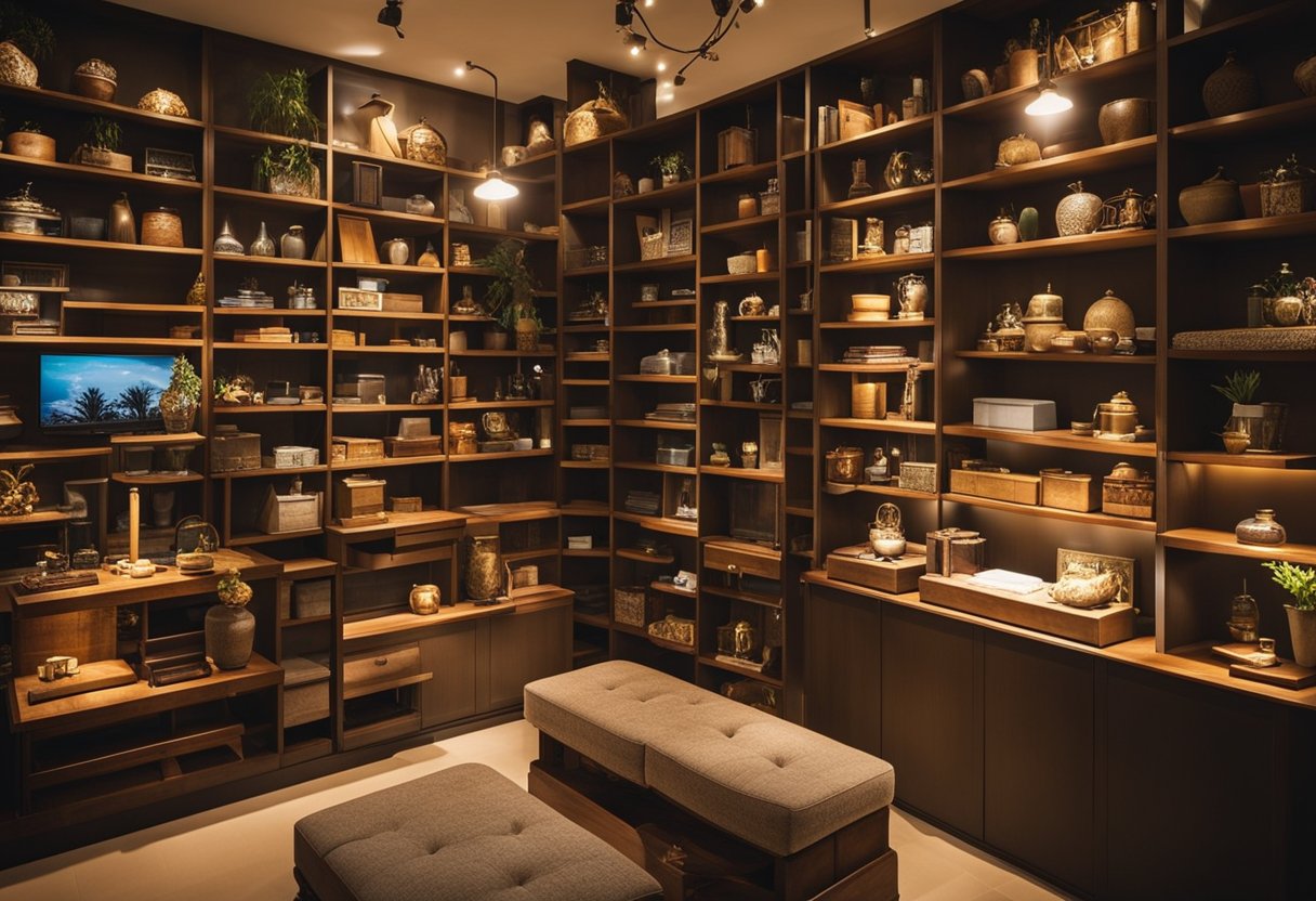 The cluttered shelves displayed a variety of second-hand furniture in the Singapore store. The warm lighting created a cozy atmosphere, inviting customers to explore the unique pieces