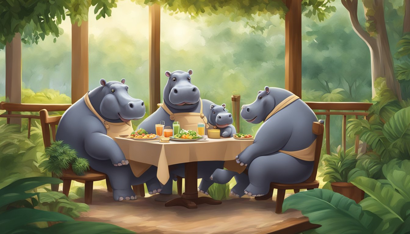 A hippo family enjoys a meal at a cozy restaurant, surrounded by lush greenery and a peaceful atmosphere