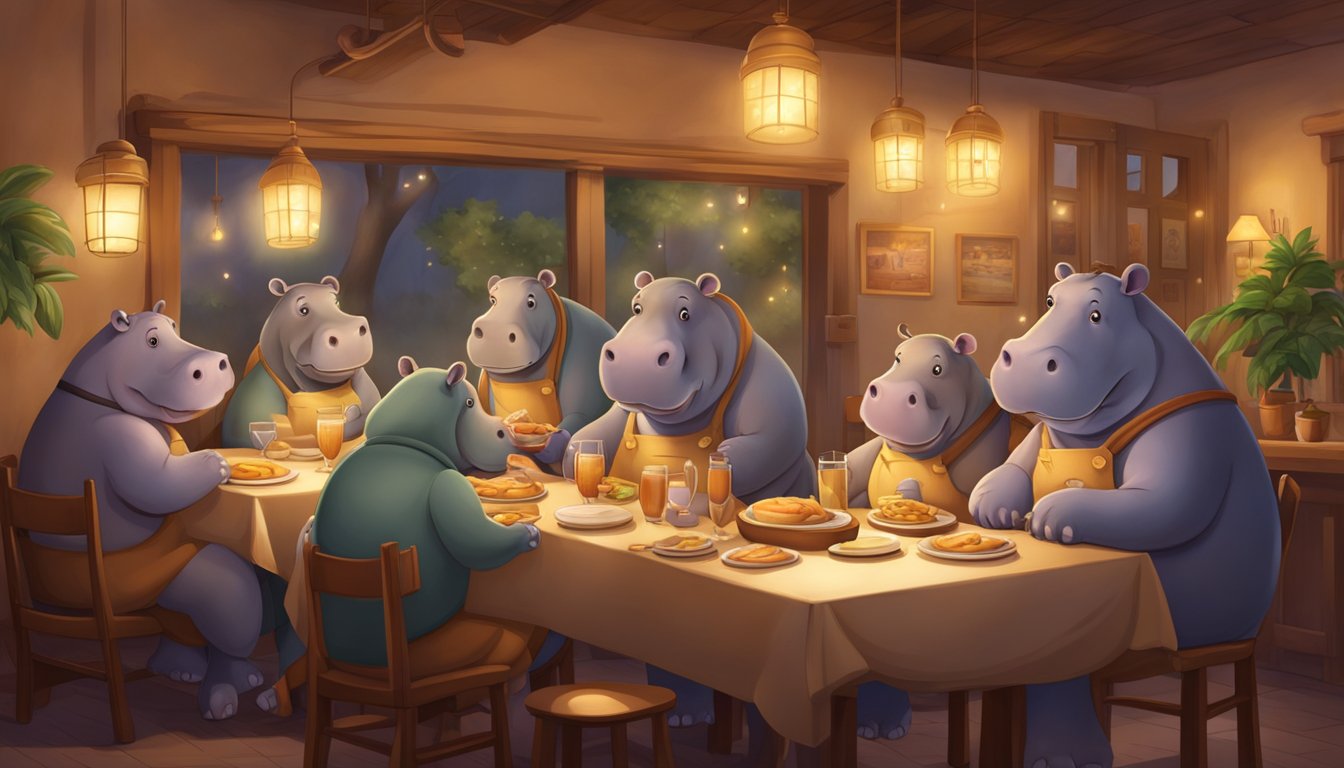 A hippo family enjoys a meal at a cozy restaurant, surrounded by warm lighting and a welcoming atmosphere