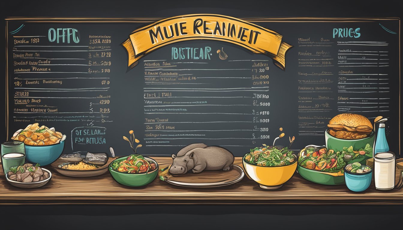 A hippo family restaurant menu and pricing displayed on a chalkboard with colorful illustrations and handwritten prices