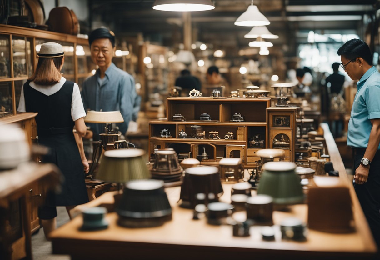 Customers browsing through rows of vintage furniture, admiring unique pieces in a cozy Singaporean second-hand store