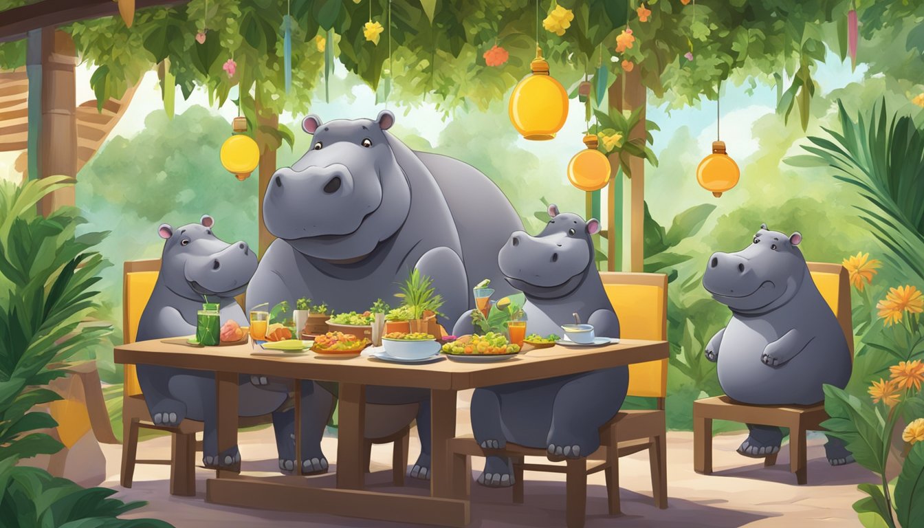 A hippo family happily dining at their restaurant, surrounded by lush greenery and colorful decor