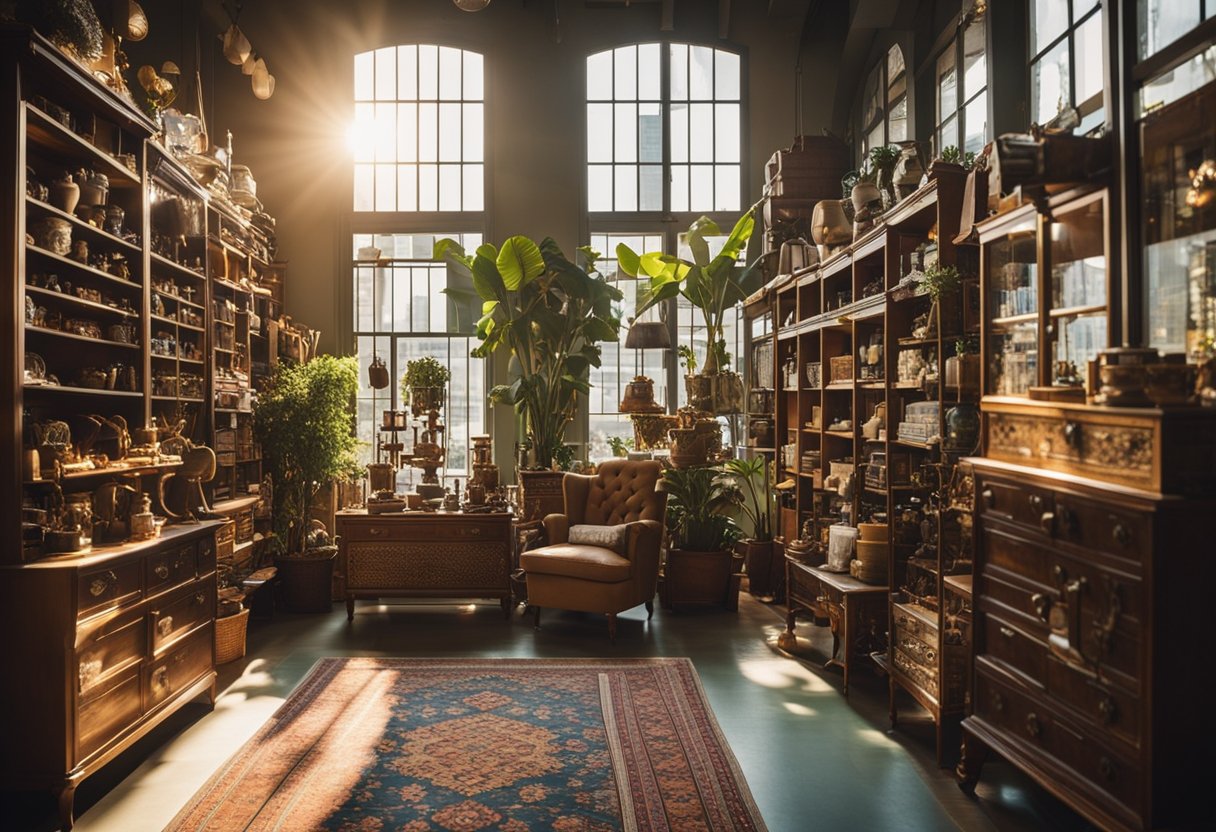 A cozy 2nd hand furniture store in Singapore, filled with eclectic treasures. Shelves lined with vintage knick-knacks, and colorful rugs adorning the floor. Sunlight streaming through the windows, casting a warm glow over the unique pieces